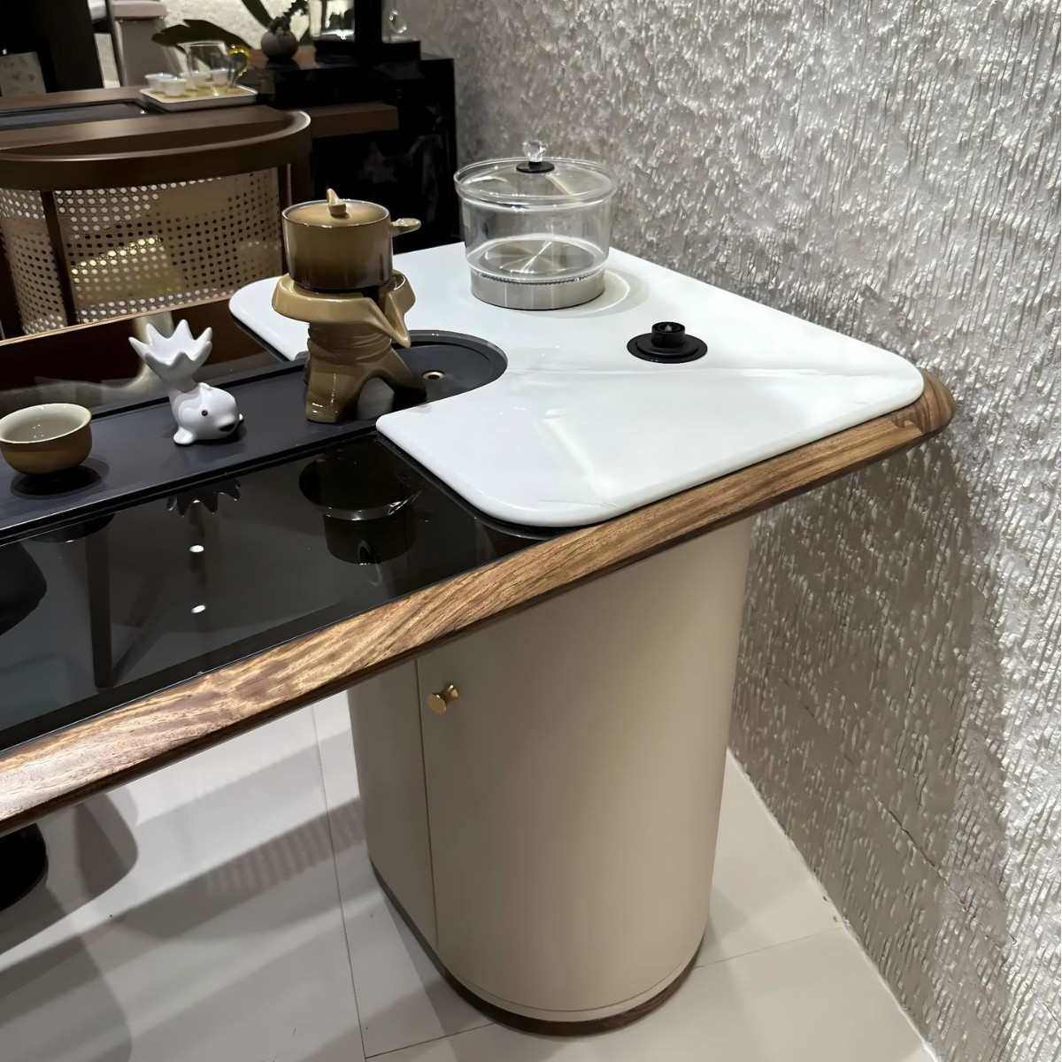 奢极轻简包钢化玻璃色台面茶桌组合椅茶双拼台边实木茶桌式台茶意