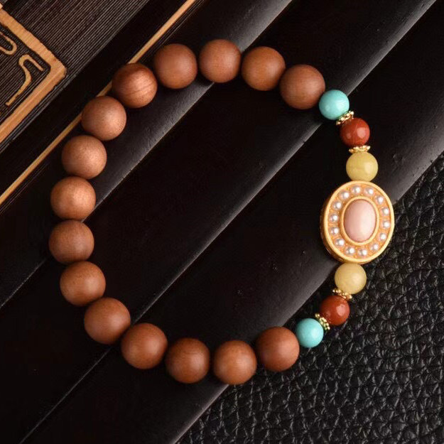 印度老山檀香8mm/15颗单圈佛珠手串古法金镶嵌搭配蜜蜡南红工艺品