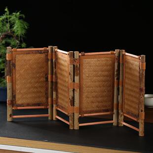 竹柒阁中式梅鹿竹小屏风香云纱竹编围屏结界茶室隔断装饰桌面摆件