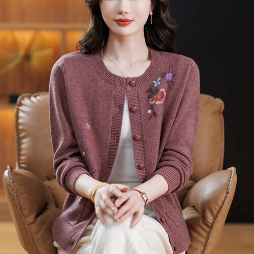 2025新款中老年女装秋冬加厚100%纯羊绒毛衣外套妈妈羊毛开衫上衣