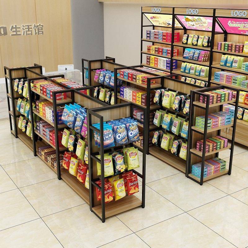 超市钢木货架便利店零食双面挂钩中岛货柜化妆产品展示架商用