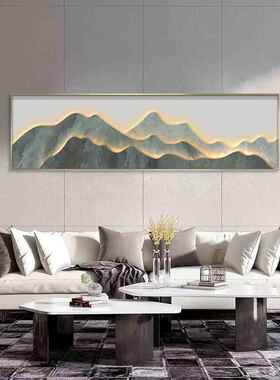 中式横版山水壁画床头沙发背WS890647景奢灯光挂画背靠山有茶室装
