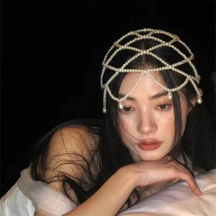 民族风复古新娘水滴仿珍珠头饰手工串珠走秀饰品个性时尚网状发饰
