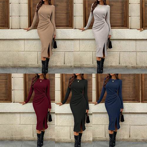 Women's Knit Bodycon Dress High Waist Split Design Tie