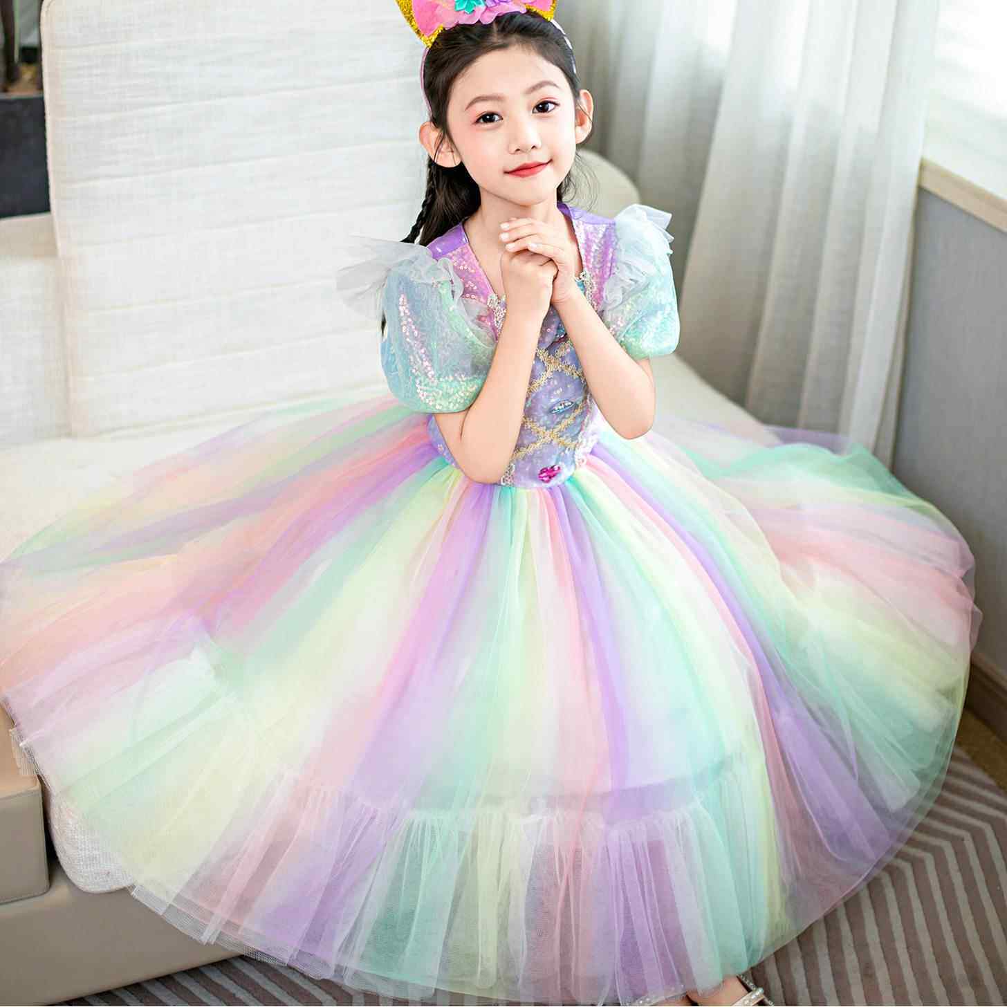 高档新款女主童独礼角兽彩虹公裙春流光渐变泡泡袖蓬夏蓬宝石服连