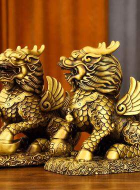 纯黄铜麒麟摆件一对公母火麒麟家居装饰品客厅玄关办公室电视柜