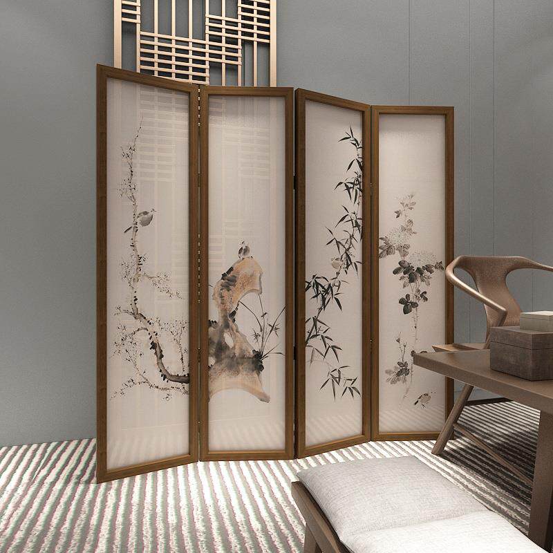 新中式屏风隔断客厅移动Z4入古典户折叠遮挡办茶装饰室公室花鸟折