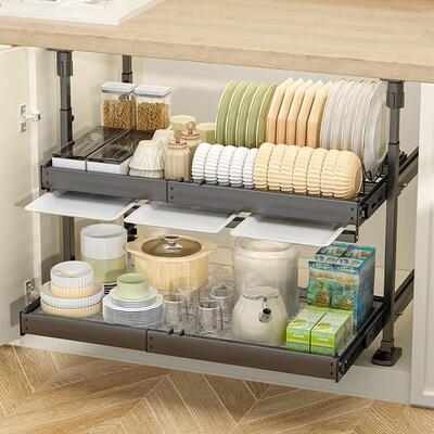 碗碟收纳层架厨房抽屉式碗盘沥水置物架免打孔内置拉篮整体橱柜抽