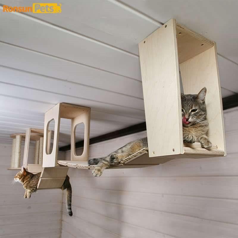 实木壁挂式猫爬架墙面猫别墅空中走廊猫咪跳台天花板猫隧道猫墙架