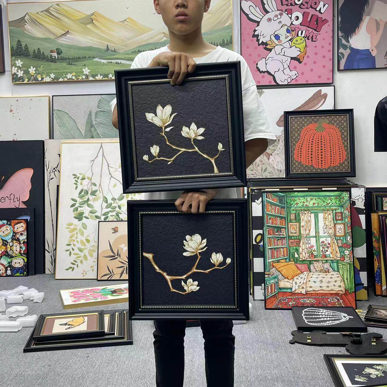 黑白色调兰花装饰画客厅餐厅玄关中古壁画卧室床头挂画S054二联44