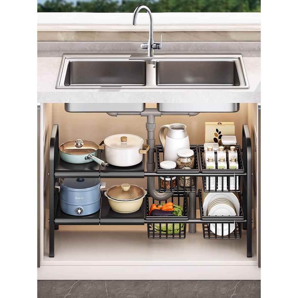 2025新款厨房可伸缩下水槽置物架橱柜分层电饭煲锅架文化创意餐具