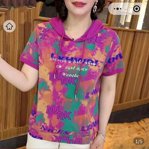 亿凌好物精选女装晕染短袖上衣新款连帽大尺码恤洋派妈妈装