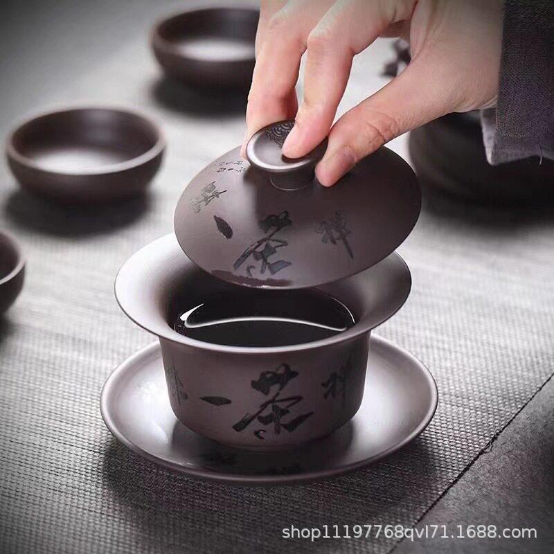 新款直销紫砂盖碗大号陶瓷盖子中式家用敬茶功夫茶具三才茶杯茶盖