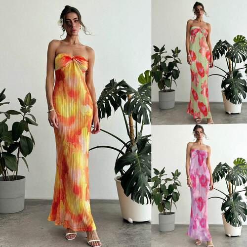 Women Floral Strapless Tube Maxi Dresses Sleeveless Twist