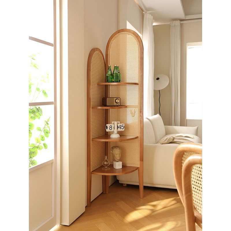 中复古风家具三角置物架实木藤编沙发后黑色落地展示转角墙书柜子