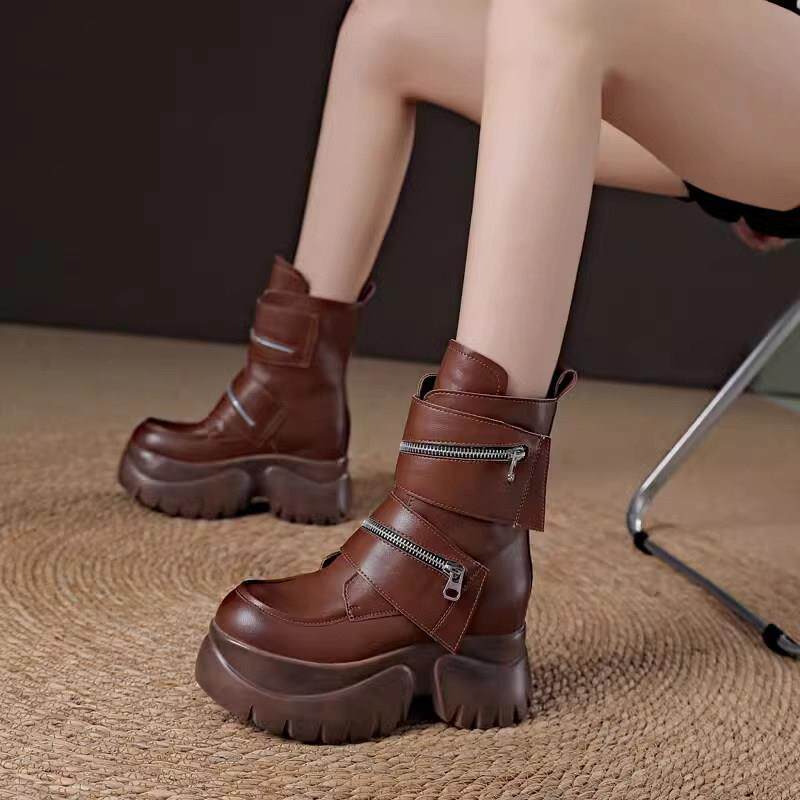 马丁靴女款冬款真皮加绒小个子厚底短筒内增高休闲 显脚小靴子短