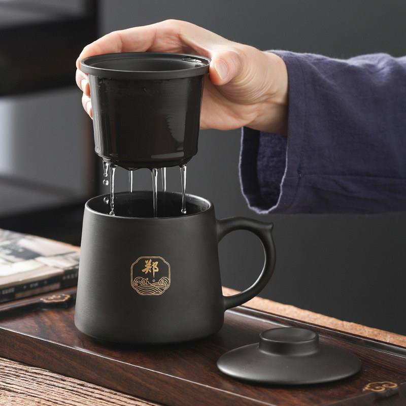 紫砂杯办公室个人专用茶杯男士高档姓氏定制刻字茶水分离泡茶杯图片