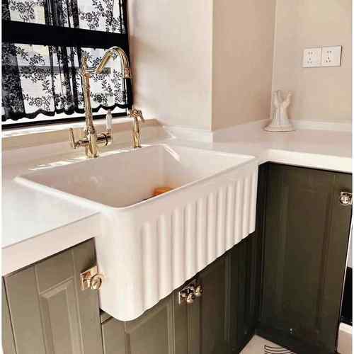 美式耐火陶瓷水槽白色复古大单槽 前置半嵌入式厨房洗菜盆设备