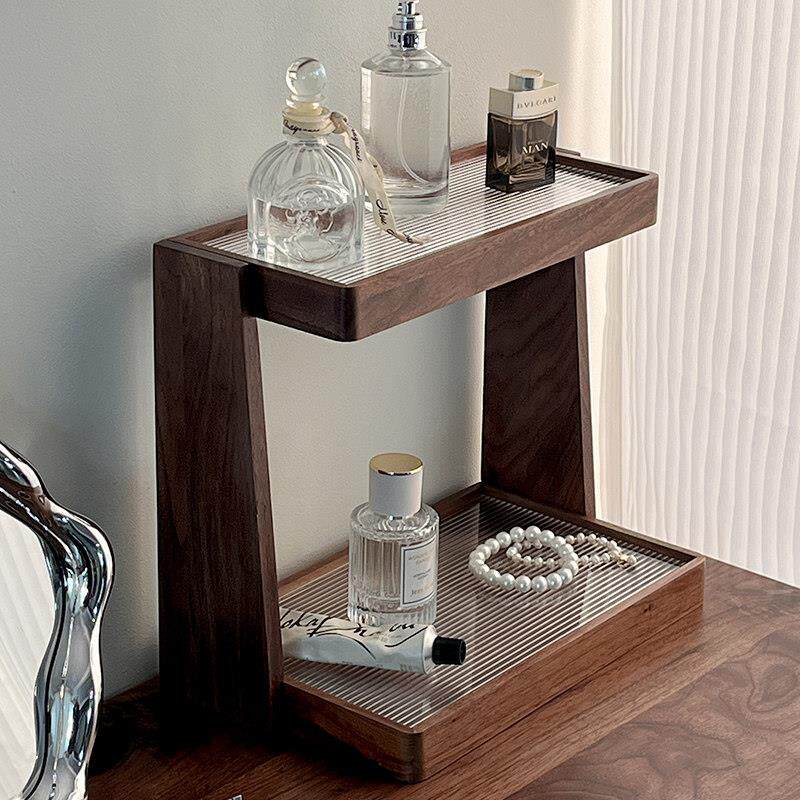 素风黑胡桃实木桌面化妆品收纳盒高级感多层杯架化妆台香水置物架