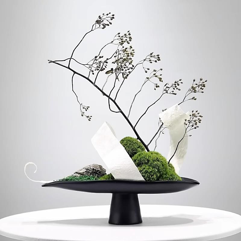 新中式苔藓仿真花艺组合黑色果盘摆件茶室桌面花艺造景装饰品摆设