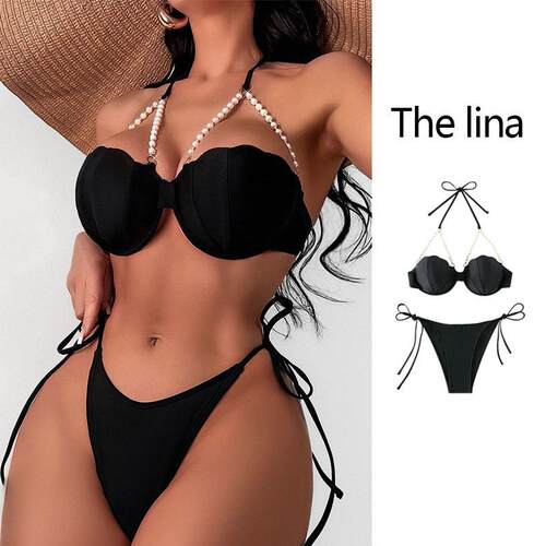 Chain bikini swimsuit with tie up and neck hanging