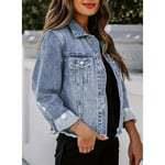Women's denim jacket, non elastic, worn out, with a collar