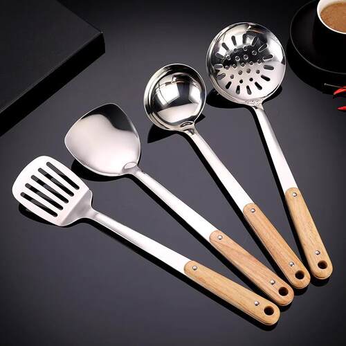 Stainless Steel Cooking Spatula with Thickened Solid Wood Lo