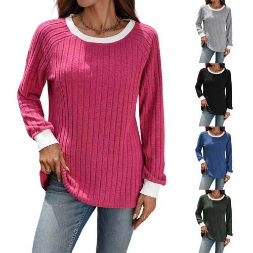 Women's round neck long sleeved striped sweater t-shirt