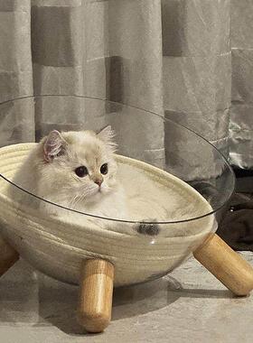太空舱猫窝四季通用高透冰窝半封闭压克力实木转盘猫玩具猫床一体