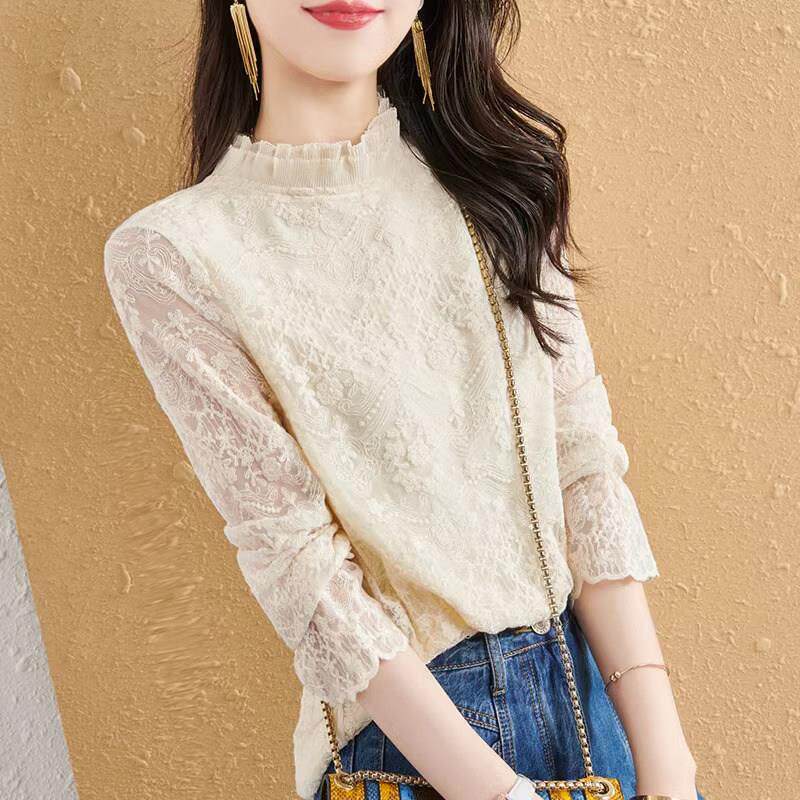 蕾丝打底衫女春秋内搭洋派2025新款半高领长袖设计感小衫网纱上衣