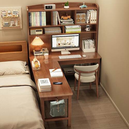 【折扣价】实木转角书桌书架一体桌卧室L型半包围电脑桌书柜组合