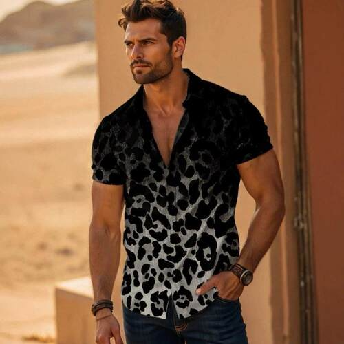 Men's Casual Cheetah Print Shirt Short Sleeve Collared