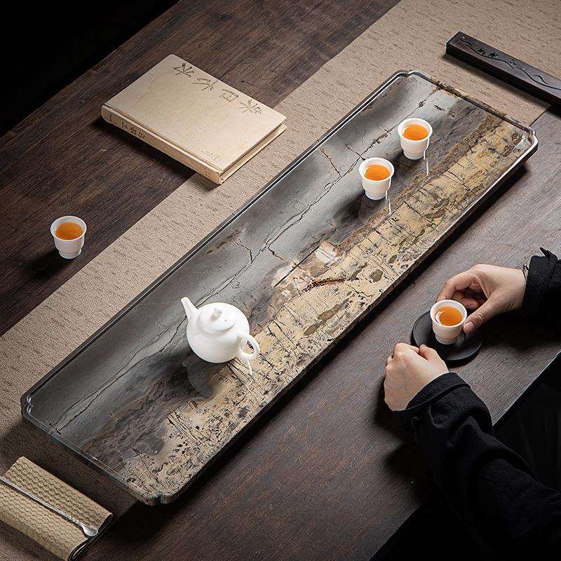 天然整块国画石茶盘现代轻奢办公家用乌金石茶台排水干泡简约茶具
