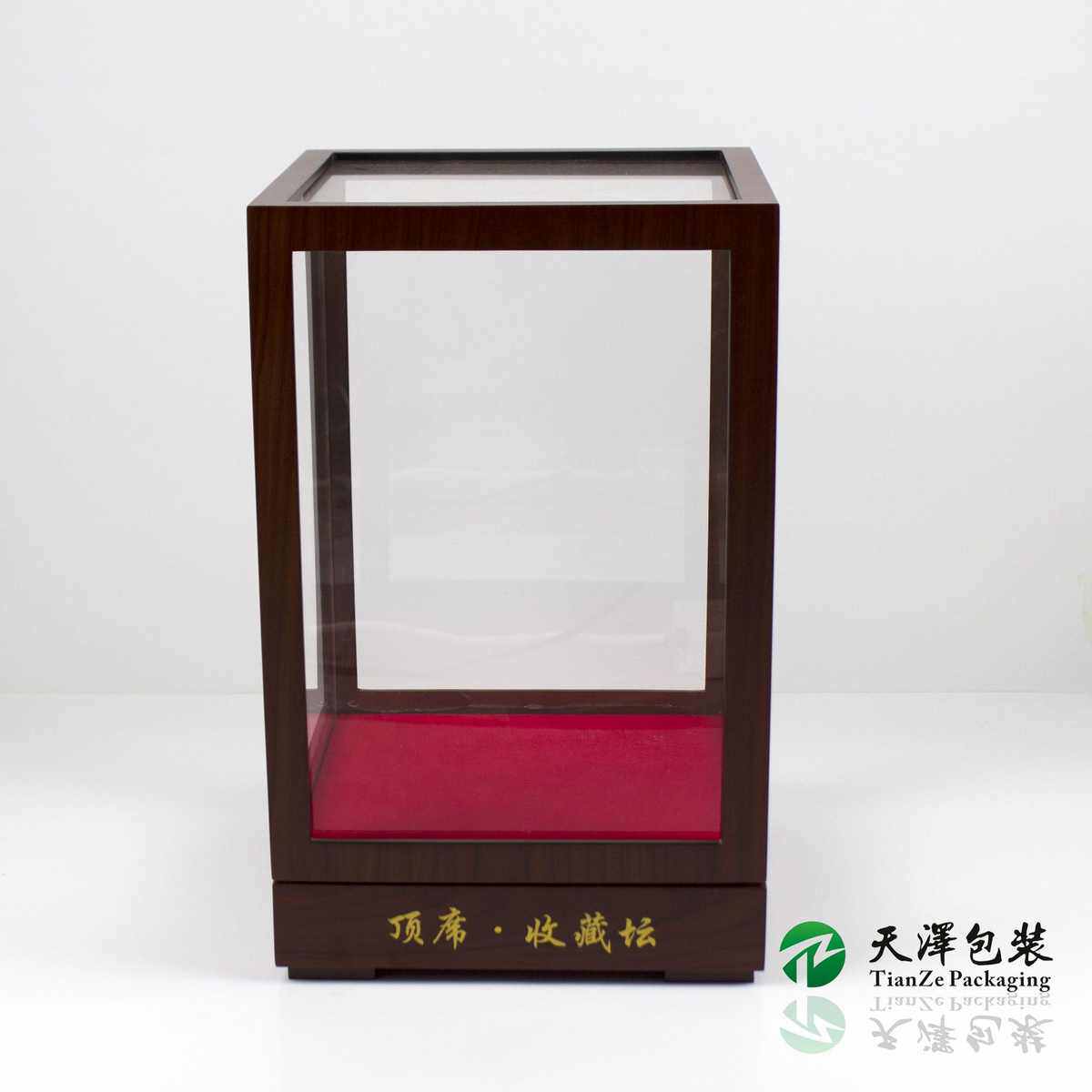 实木工艺品白酒收藏酒木盒防尘展示罩黑胡桃木底座宝笼玻璃罩定制