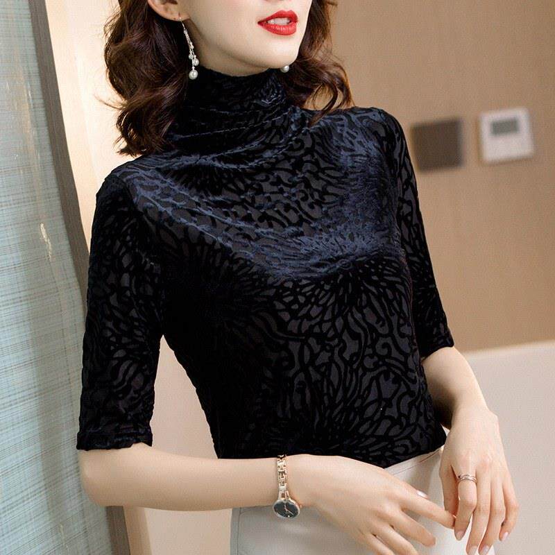 金丝绒上衣女春秋装欧货洋气小衫时尚高领打底衫中袖内搭半袖t恤