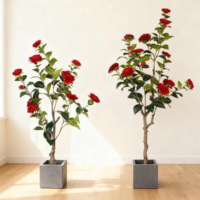跨境仿真绿植山茶花树室内客厅落地装饰摆件人造花玫瑰盆栽假植物