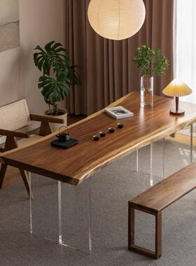 实胡桃木全实木茶桌椅办室泡茶桌家用整公雨UHO木木大板茶台茶板