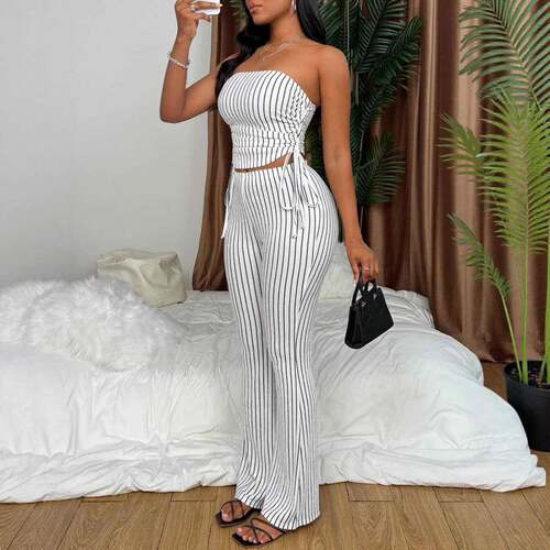 Two-Piece Set Women's Striped Print Fitted Sleeveless Crop