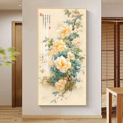 花开富贵牡丹花玄关装饰画新中式走廊过道挂画花鸟客厅入户门壁画