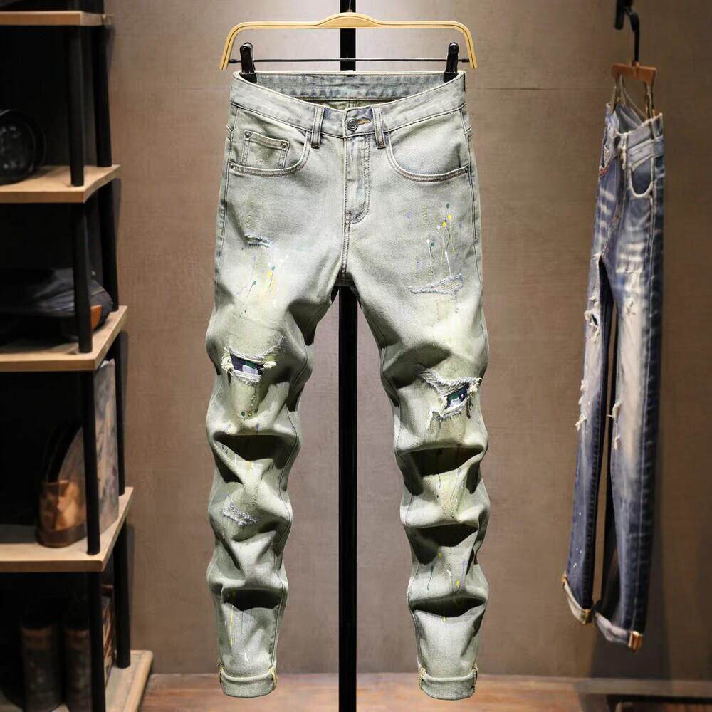 潮牌覆古浅色破洞牛仔裤男修身小脚泼墨弹力乞丐补丁个性痞帅长裤
