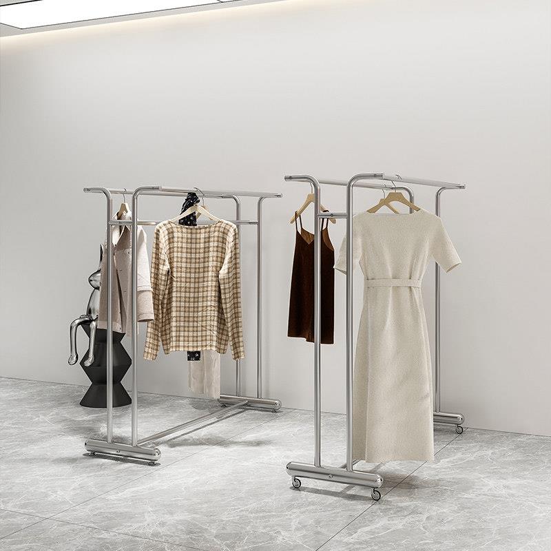不锈钢服装店展示架落地加厚双杠挂衣架晾衣架简易双排中岛架带轮