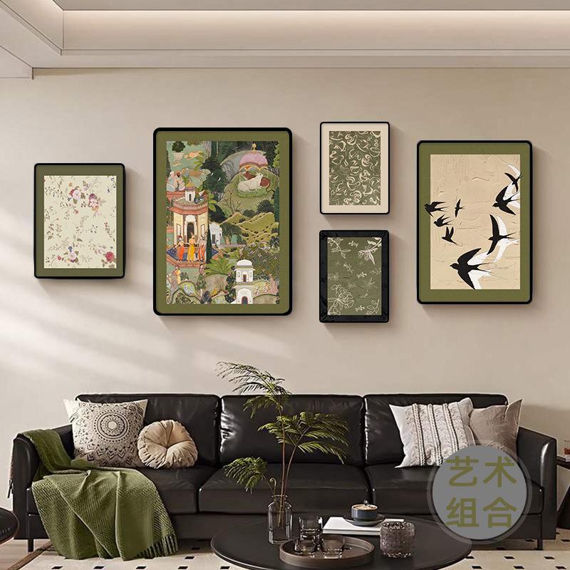 中古风客厅装饰画复古法式沙发背景墙壁画艺术组合高级感晶瓷挂画图片