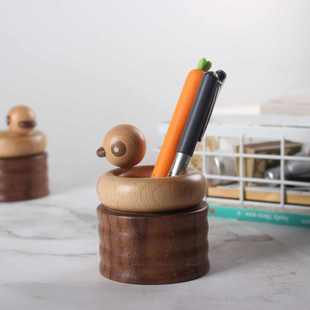 黑胡桃实木笔筒学生桌面摆件收纳盒游泳鸭木质办公文具用品笔盒
