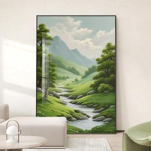 青山绿水落地画 画现代简约山水风景入户玄关客厅背景墙壁绿色系