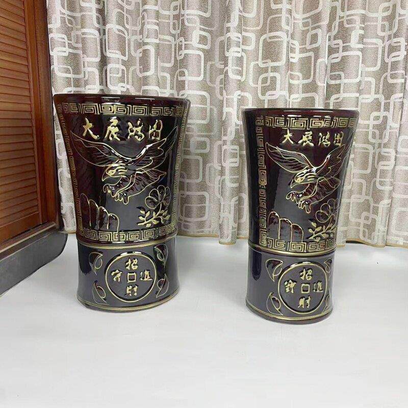 特大号小蛮腰高筒陶瓷花盆中国风古金大鹏展翅落地高花盆发财树