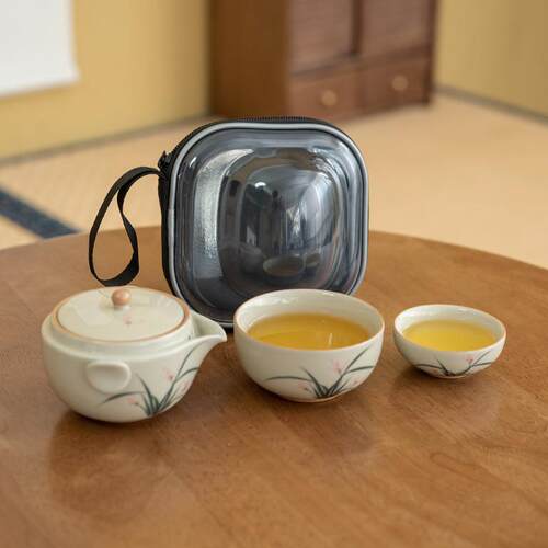 冰台手绘墨兰花快客杯一壶两杯便携旅行茶具户外随身陶瓷茶具套装
