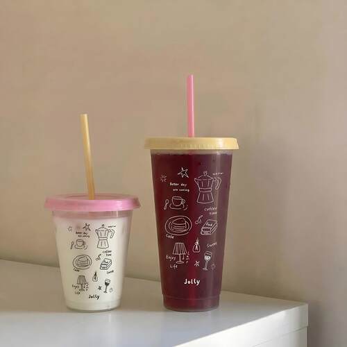 夏日塑料吸管杯饮水杯女生高颜值食品级透明pp材质果汁杯奶茶杯子