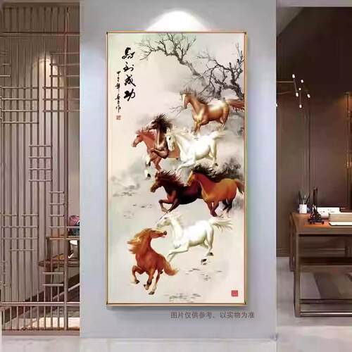 入户玄关装饰画新中式马到成功挂画走廊过道骏马图墙上八骏图壁画