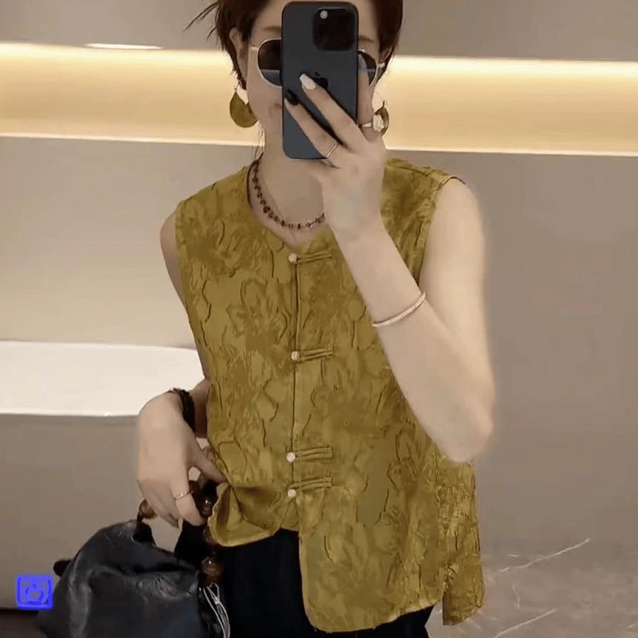 盘扣新中式国风提花无袖背心衬衫女2026夏新款设计感小衫坎肩上衣