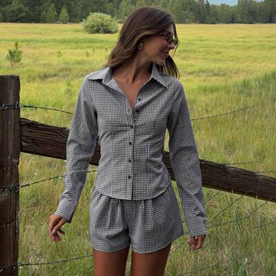 Womens French Style Casual Lazy Commuter Plaid Set